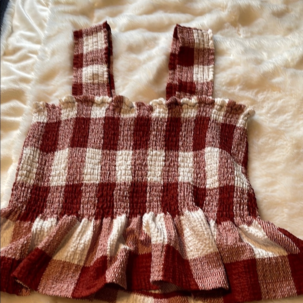 LOFT Dark Red and White Plaid Smocked Top